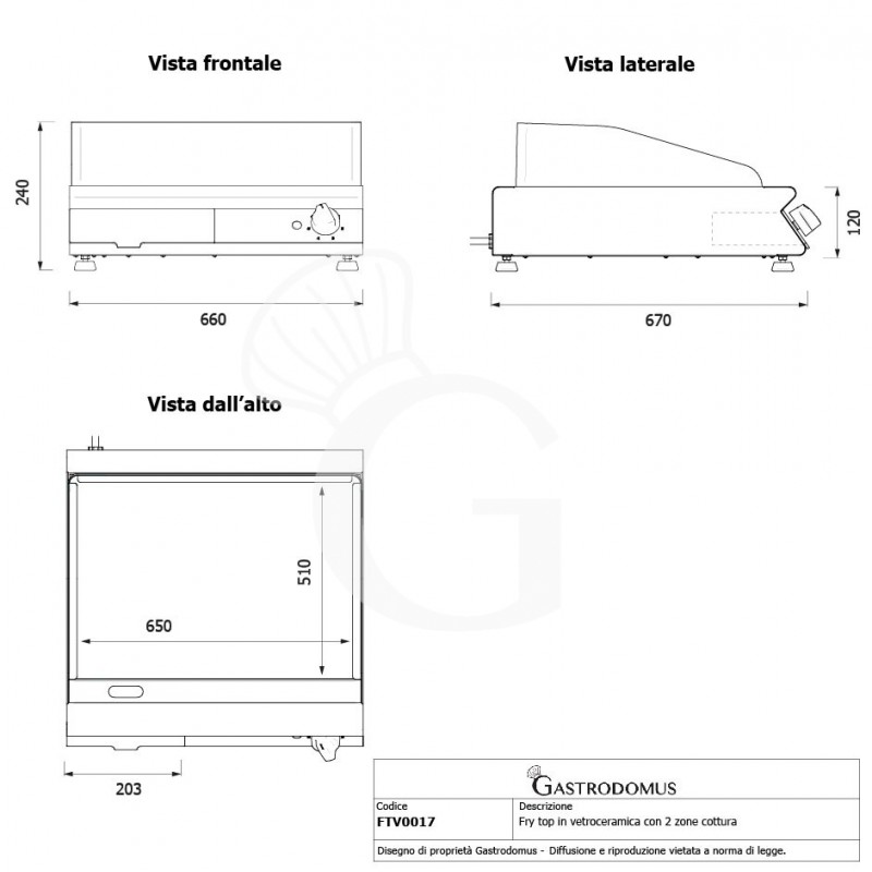 Fry Top Professionale in Vetroceramica 2 zone cottura L 660 mm x P 670 mm x H 120 mm