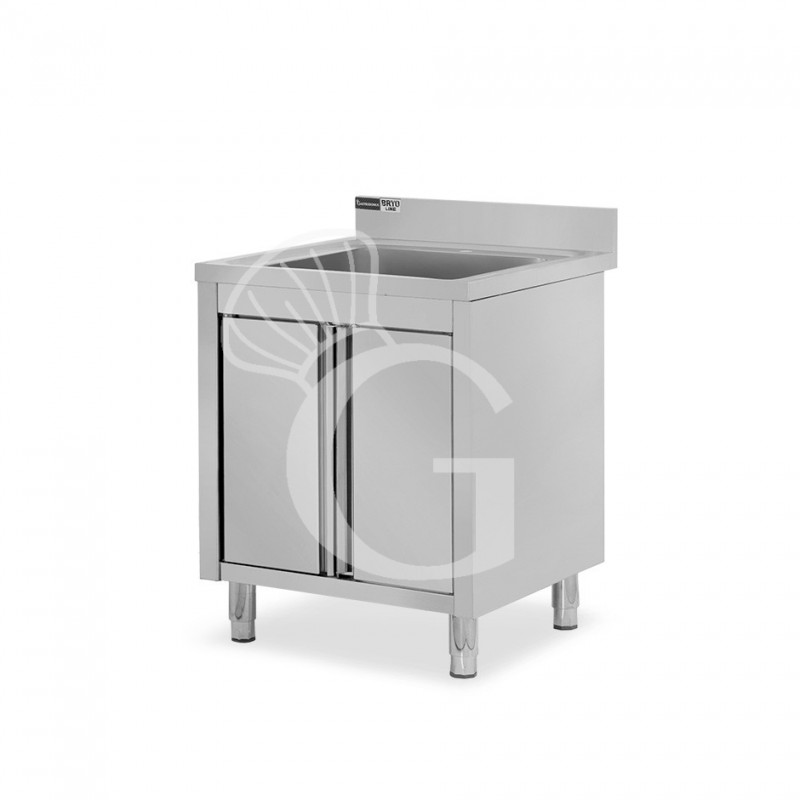 Lavello inox armadiato 1 porta battente, 1 vasca, alzatina, L 700 mm x P 700 mm x H 965 mm - con foro rubinetto Ø 32 mm