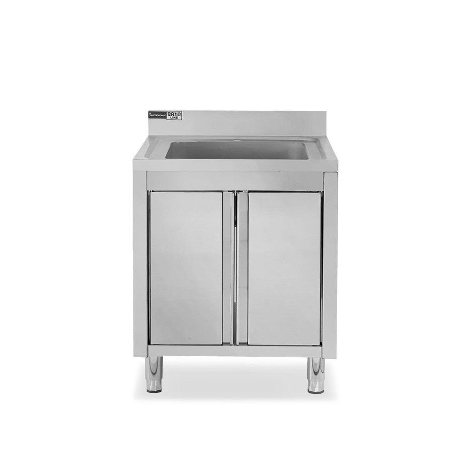 Lavello inox armadiato 1 porta battente, 1 vasca, alzatina, L 700 mm x P 700 mm x H 965 mm - con foro rubinetto Ø 32 mm