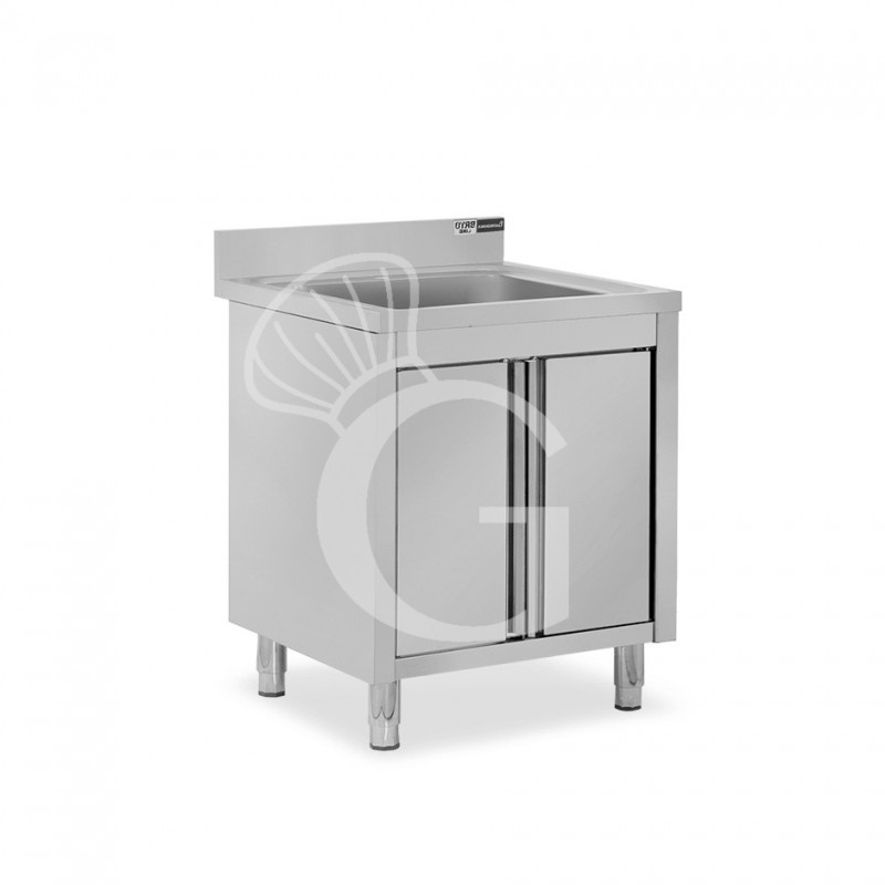 Lavello inox armadiato 1 porta battente, 1 vasca, alzatina, L 700 mm x P 700 mm x H 965 mm - con foro rubinetto Ø 32 mm