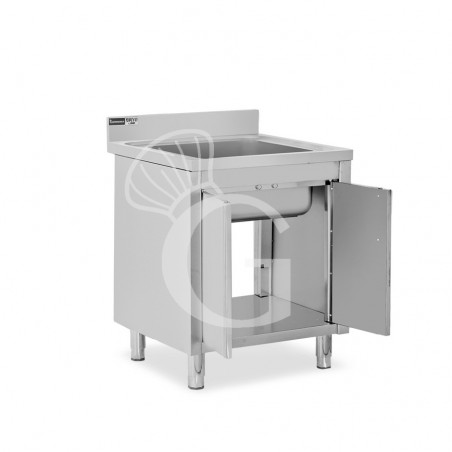 Lavello inox armadiato 1 porta battente, 1 vasca, alzatina, L 700 mm x P 700 mm x H 965 mm - con foro rubinetto Ø 32 mm Lavello inox armadiato 1 porta battente, 1 vasca, alzatina, L 700 mm x P 700 mm x H 965 mm - con foro rubinetto Ø 32 mm