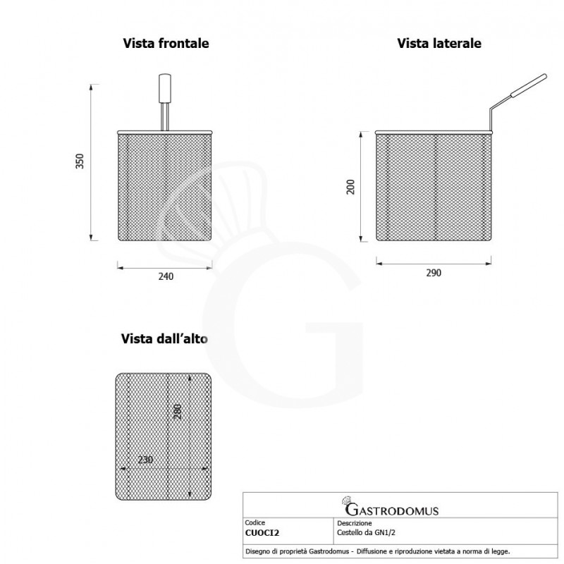 Cestello da 1/2 per cuocipasta modello 90 - L 240 mm x P 290 mm x H 200 mm