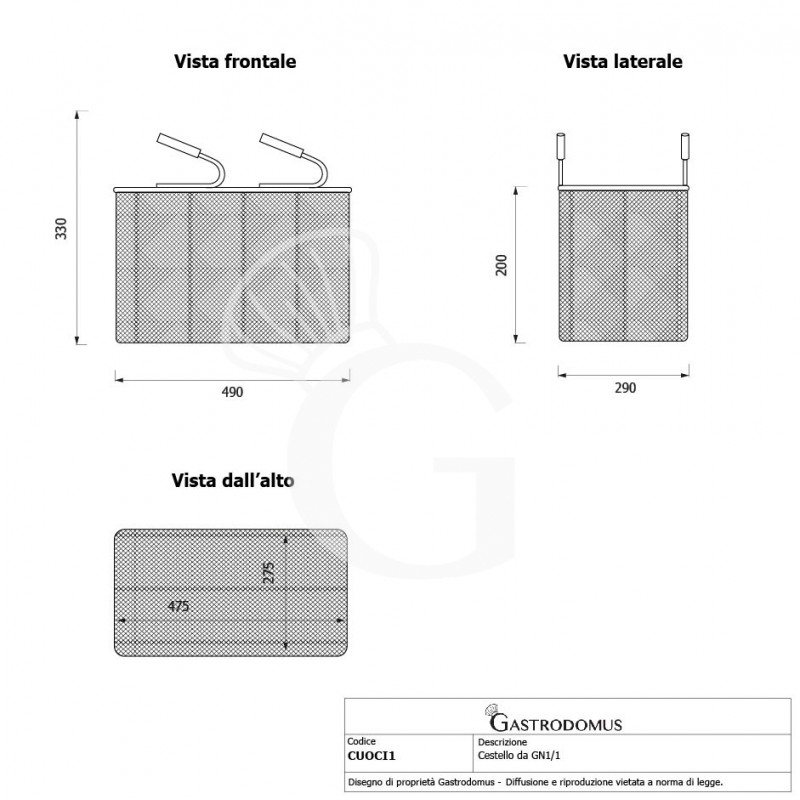 Cestello da GN1/1 per cuocipasta - L 490 mm x P 290 mm x H 200 mm