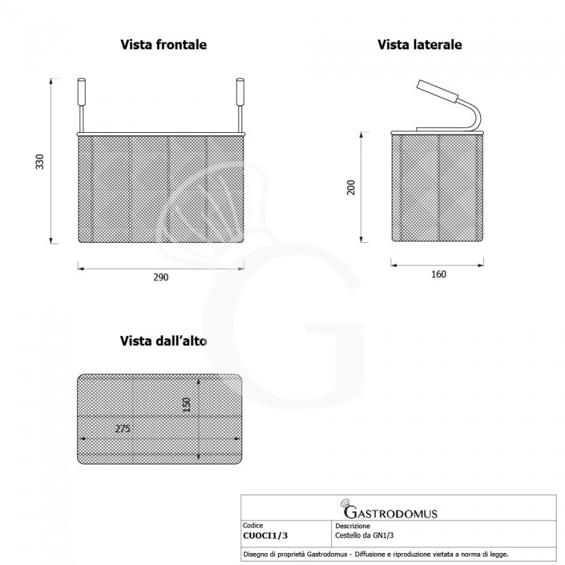 Cestello da GN1/3 orizzontale per cuocipasta - L 290 mm x P 160 mm x H 200 mm