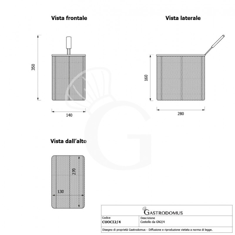 Cestello per cuocipasta da GN2/4 - L 140 mm x P 280 mm x H 160 mm