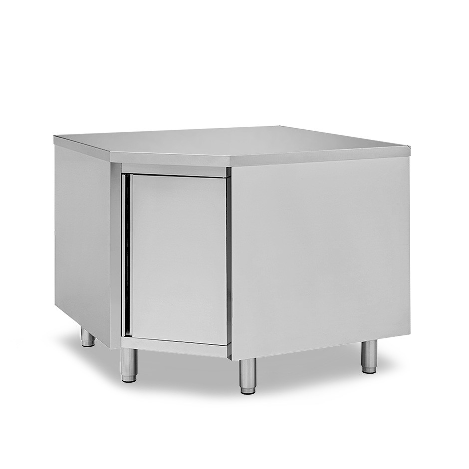 Tavolo armadiato a angolo in acciaio inox con porta battente e profondità 700 mm