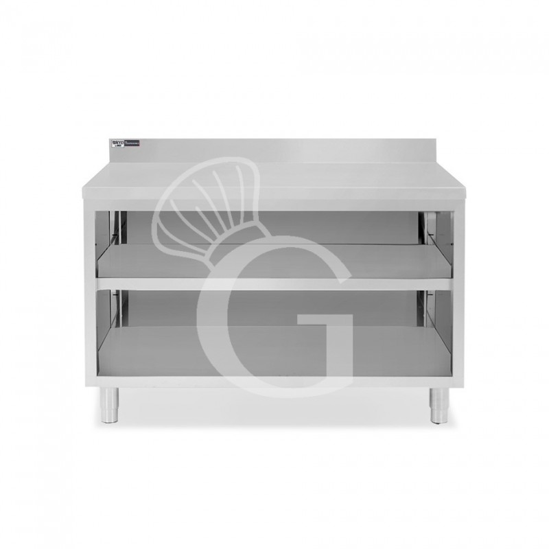 Tavolo a giorno in acciaio inox con 2 ripiani, alzatina L 1400 mm x P 700 mm x H 965 mm Tavolo a giorno in acciaio inox con 2 ripiani, alzatina L 1400 mm x P 700 mm x H 965 mm