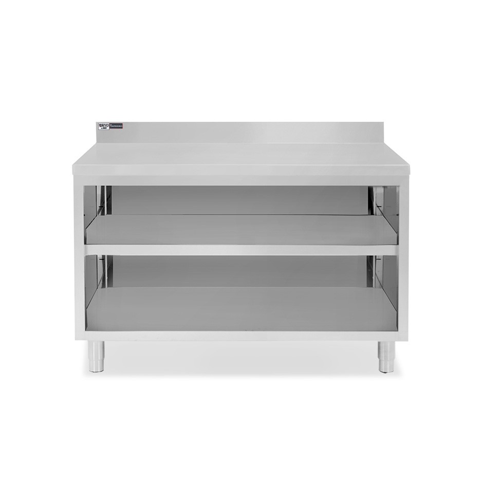 Tavolo a giorno in acciaio inox con 2 ripiani, alzatina L 1400 mm x P 700 mm x H 965 mm