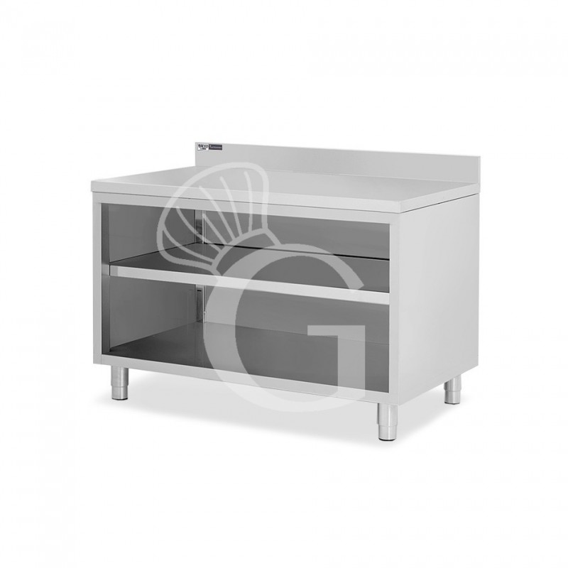Tavolo a giorno in acciaio inox con 2 ripiani, alzatina L 1500 mm x P 700 mm x H 965 mm