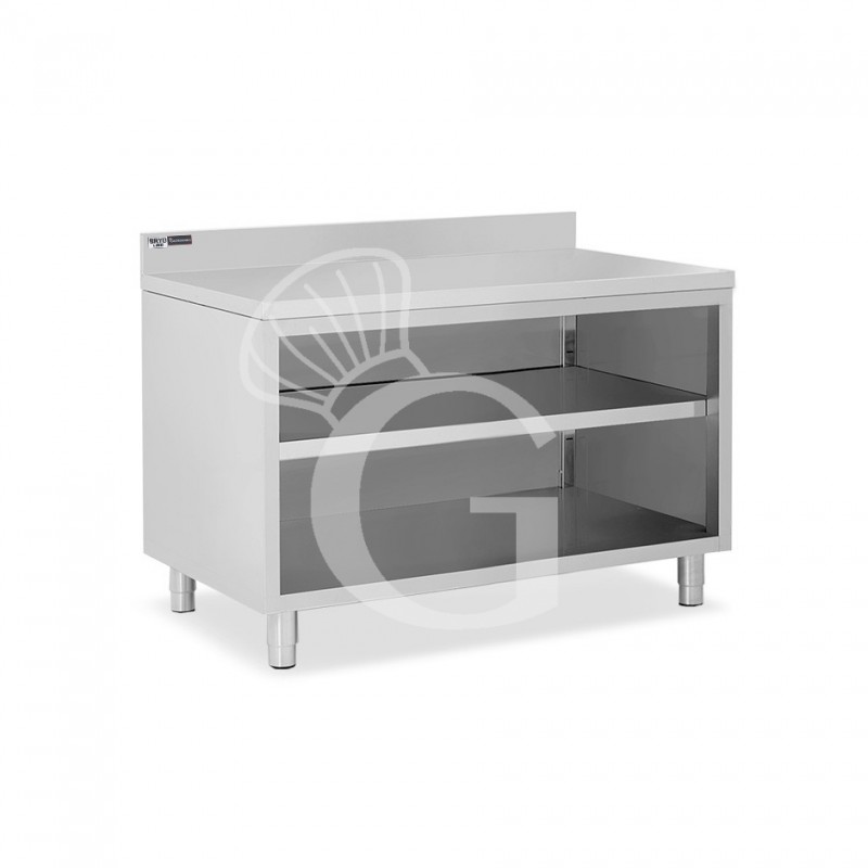 Tavolo a giorno in acciaio inox con 2 ripiani, alzatina L 1500 mm x P 700 mm x H 965 mm