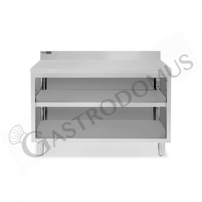 Tavolo a giorno in acciaio inox con 2 ripiani, alzatina L 1500 mm x P 700 mm x H 965 mm Tavolo a giorno in acciaio inox con 2 ripiani, alzatina L 1500 mm x P 700 mm x H 965 mm