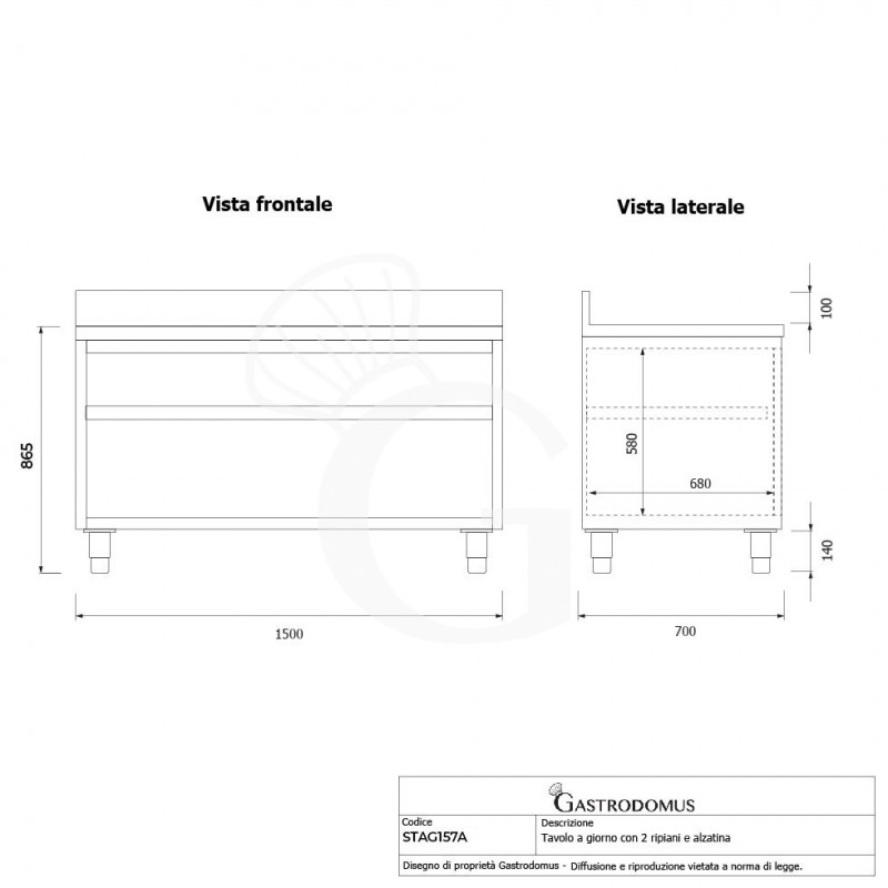 Tavolo a giorno in acciaio inox con 2 ripiani, alzatina L 1500 mm x P 700 mm x H 965 mm