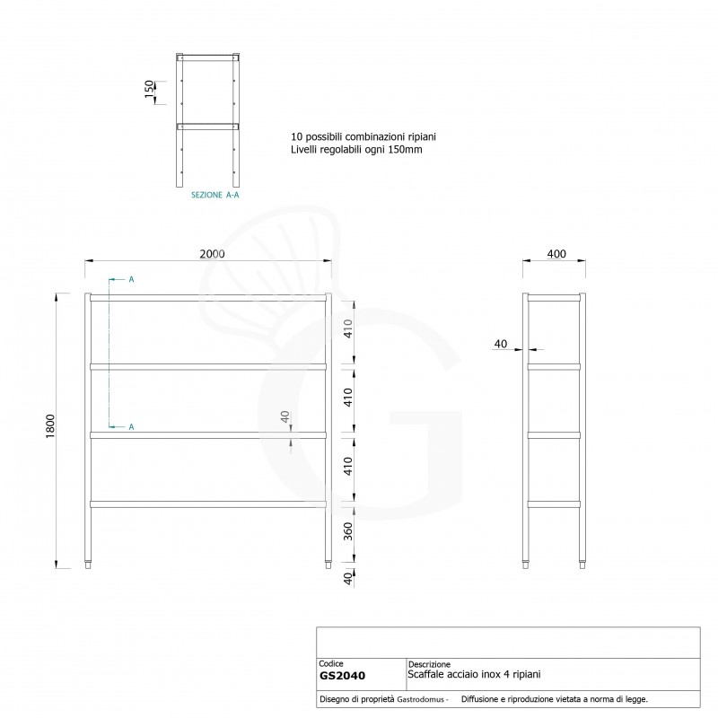 Scaffale Acciaio Inox 4 ripiani L 2000 mm x P 400 mm x H 1800 mm
