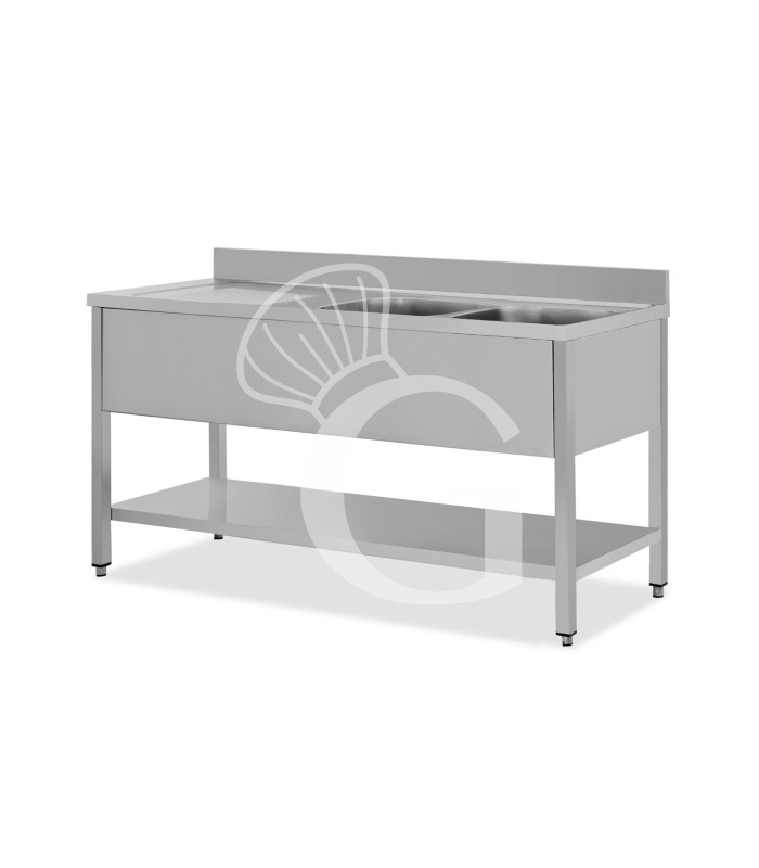Lavello semplice con alzatina, 1 ripiano, 2 vasche, gocciolatoio a sinistra, L1600xP700xH950mm