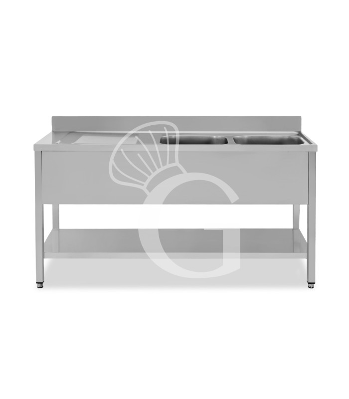 Lavello semplice con alzatina, 1 ripiano, 2 vasche, gocciolatoio a sinistra, L1600xP700xH950mm