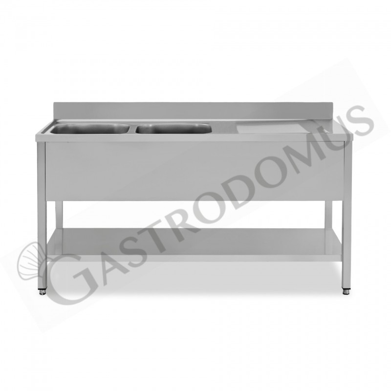 Lavello semplice con alzatina, 1 ripiano, 2 vasche, gocciolatoio a destra, L1500xP700xH965mm - con foro rubinetto Ø 32 mm Lavello semplice con alzatina, 1 ripiano, 2 vasche, gocciolatoio a destra, L1500xP700xH965mm - con foro rubinetto Ø 32 mm