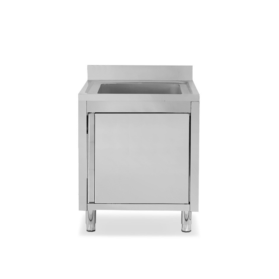 Lavello inox armadiato 1 porta battente, 1 vasca, alzatina, L 800 mm x P 700 mm x H 965 mm - con foro rubinetto Ø 32 mm