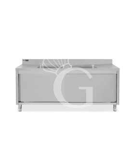 Lavapentole armadiato in acciaio inox,porte scorrevoli,alzatina,2 vasche, L 1800 x P 600 x H 965 mm - con foro rubinetto Ø 32 mm