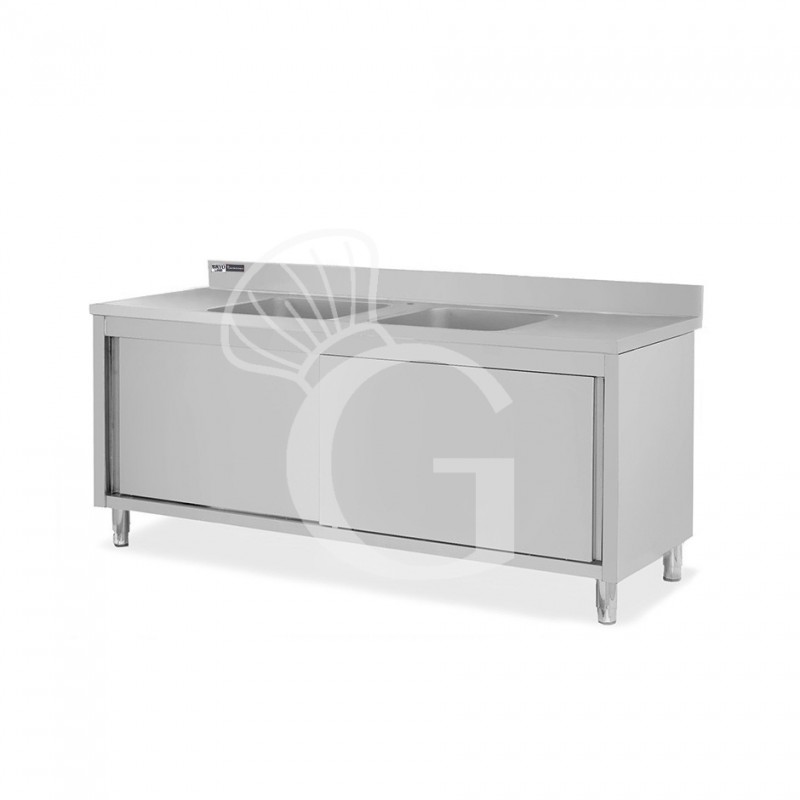 Lavapentole armadiato in acciaio inox,porte scorrevoli,alzatina,2 vasche, L 1800 x P 600 x H 965 mm - con foro rubinetto Ø 32 mm Lavapentole armadiato in acciaio inox,porte scorrevoli,alzatina,2 vasche, L 1800 x P 600 x H 965 mm - con foro rubinetto Ø 32 mm