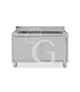 Lavapentole acciaio,porte scorrevoli,alzatina,1 vasca, L 1400 x P 700 x H 965 mm - con foro rubinetto Ø 32 mm