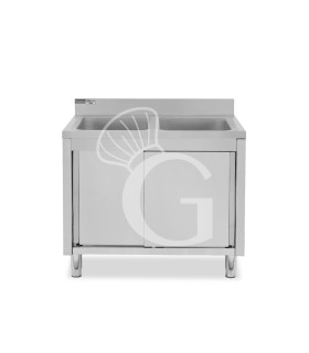 Lavello inox armadiato con porte scorrevoli, 2 vasche, alzatina, L 1200 mm x P 700 mm x H 965 mm - con foro rubinetto Ø 32 mm