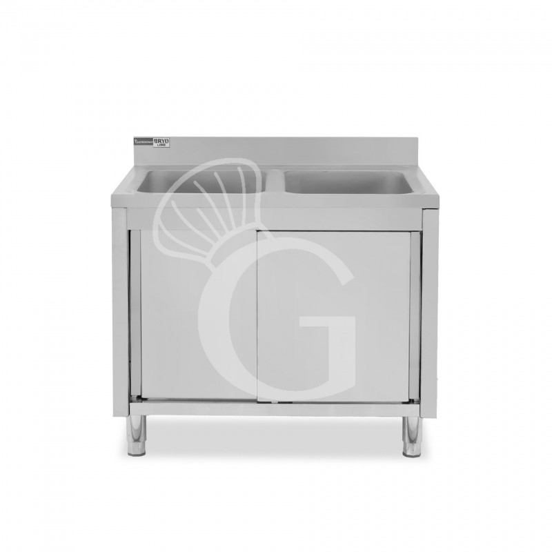 Lavello inox armadiato con porte scorrevoli, 2 vasche, alzatina, L 1200 mm x P 700 mm x H 965 mm - con foro rubinetto Ø 32 mm Lavello inox armadiato con porte scorrevoli, 2 vasche, alzatina, L 1200 mm x P 700 mm x H 965 mm - con foro rubinetto Ø 32 mm