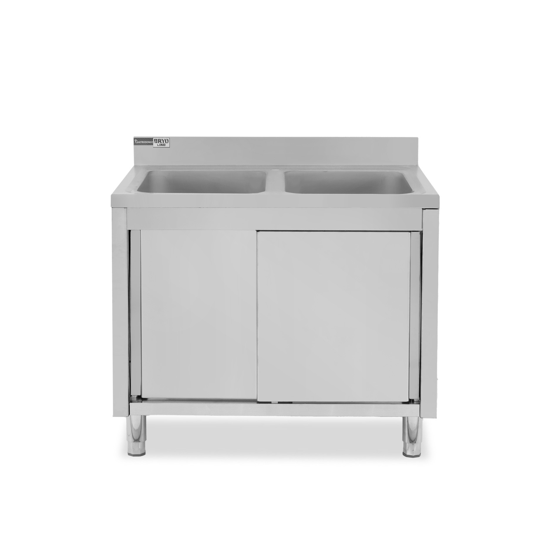 Lavello inox armadiato con porte scorrevoli, 2 vasche, alzatina, L 1200 mm x P 700 mm x H 965 mm - con foro rubinetto Ø 32 mm
