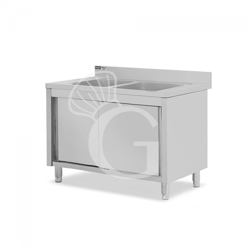 Lavello inox armadiato con porte scorrevoli, 2 vasche, alzatina, L 1300 mm x P 700 mm x H 965 mm - con foro rubinetto Ø 32 mm
