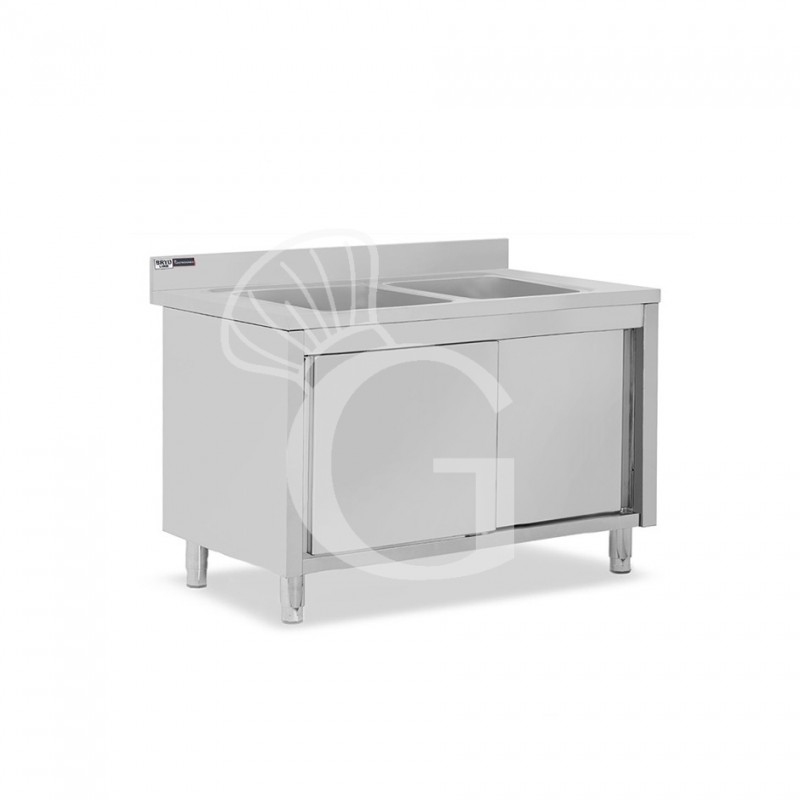 Lavello inox armadiato con porte scorrevoli, 2 vasche, alzatina, L 1300 mm x P 700 mm x H 965 mm - con foro rubinetto Ø 32 mm