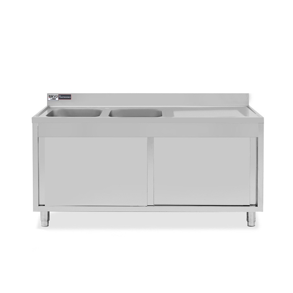 Lavello armadiato con porte scorrevoli,2 vasche,gocciolatoio a destra,L 1500 x P 700 x H 965 mm - con foro rubinetto Ø 32 mm
