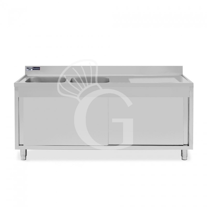 Lavello armadiato con porte scorrevoli,2 vasche,gocciolatoio a destra,L 1800 x P 700 x H 965 mm - con foro rubinetto Ø 32 mm Lavello armadiato con porte scorrevoli,2 vasche,gocciolatoio a destra,L 1800 x P 700 x H 965 mm - con foro rubinetto Ø 32 mm