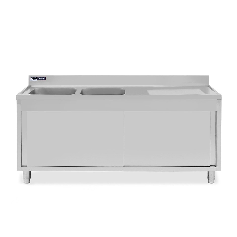 Lavello armadiato con porte scorrevoli,2 vasche,gocciolatoio a destra,L 1800 x P 700 x H 965 mm - con foro rubinetto Ø 32 mm