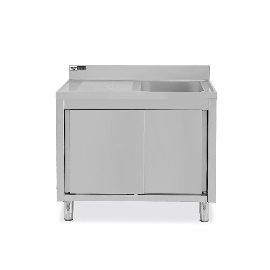 Lavello armadiato con porte scorrevoli,1 vasca,gocciolatoio a sinistra,alzatina,L1100xP600xH965mm - con foro rubinetto Ø 32 mm