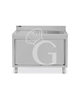 Lavello armadiato con porte scorrevoli,1 vasca,gocciolatoio a sinistra,alzatina,L1400xP700xH965mm - con foro rubinetto Ø 32 mm