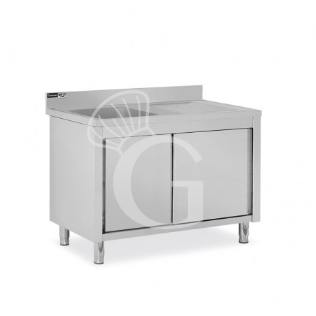 Lavello inox armadiato con porte scorrevoli,1 vasca,gocciolatoio a destra,alzatina,L1400xP700xH965mm-con foro rubinetto Ø 32 mm Lavello inox armadiato con porte scorrevoli,1 vasca,gocciolatoio a destra,alzatina,L1400xP700xH965mm-con foro rubinetto Ø 32 mm
