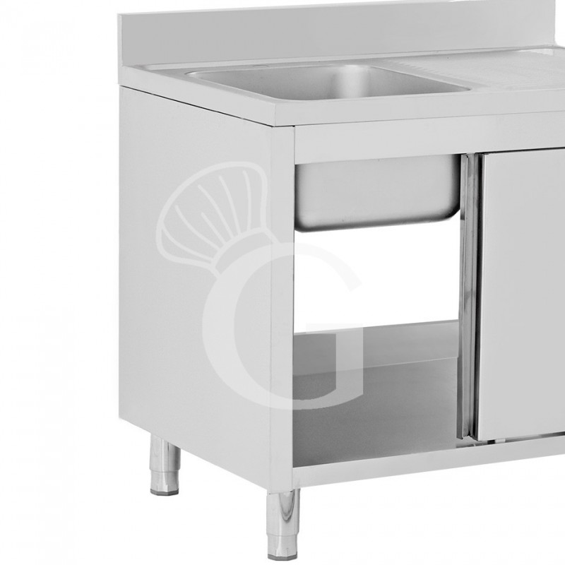 Lavello inox armadiato con porte scorrevoli,1 vasca,gocciolatoio a destra,alzatina,L1400xP700xH965mm-con foro rubinetto Ø 32 mm
