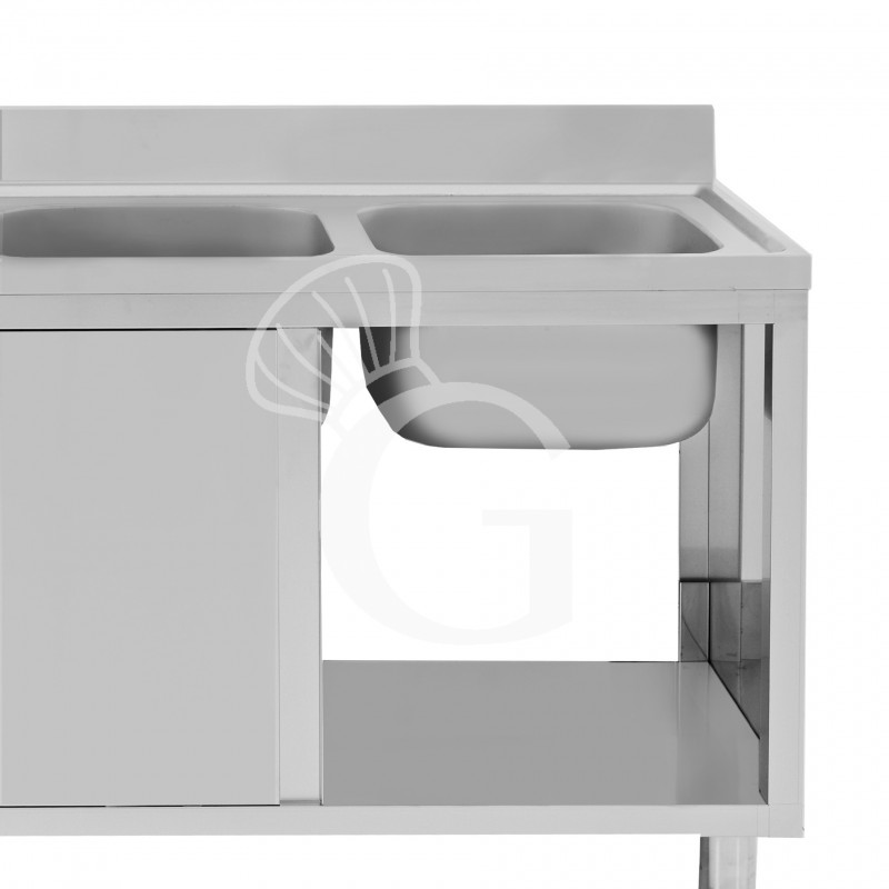Lavello armadiato con porte scorrevoli,2 vasche,gocciolatoio a sinistra,L 1500 x P 700 x H 965 mm - con foro rubinetto Ø 32 mm