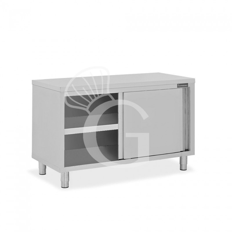 Tavolo armadiato in acciaio inox con 2 porte scorrevoli, L 1300 mm x P 600 mm x H 850 mm