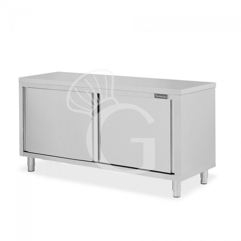 Tavolo armadiato passante in acciaio inox con porte scorrevoli, L 1700 mm x P 800 mm x H 850 mm