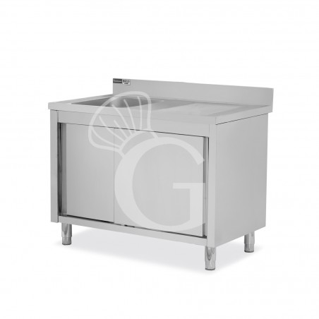 Lavello inox armadiato con porte scorrevoli,1 vasca,gocciolatoio a destra,alzatina,L1400xP700xH965mm-con foro rubinetto Ø 32 mm Lavello inox armadiato con porte scorrevoli,1 vasca,gocciolatoio a destra,alzatina,L1400xP700xH965mm-con foro rubinetto Ø 32 mm