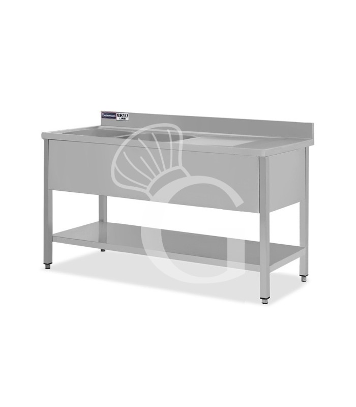 Lavello semplice con alzatina, 1 ripiano, 2 vasche, gocciolatoio a destra, L1700xP700xH965mm - con foro rubinetto Ø 32 mm