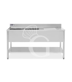 Lavello semplice con alzatina, 1 ripiano, 2 vasche, gocciolatoio a destra, L1700xP700xH965mm - con foro rubinetto Ø 32 mm