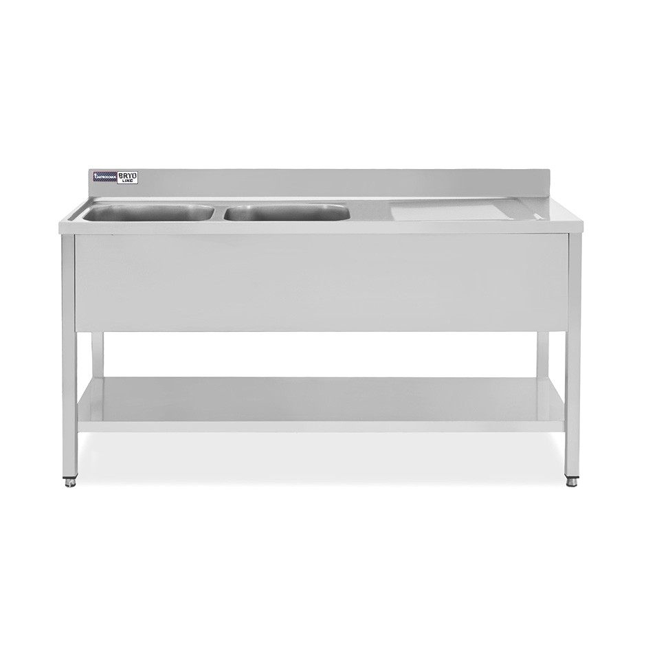 Lavello semplice con alzatina, 1 ripiano, 2 vasche, gocciolatoio a destra, L1700xP700xH965mm - con foro rubinetto Ø 32 mm