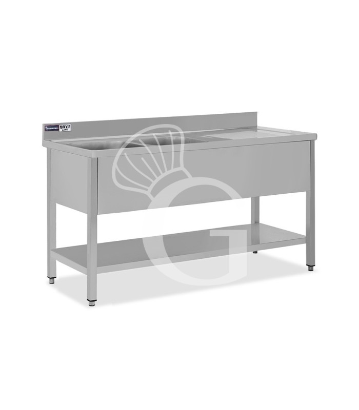 Lavello semplice con alzatina, 1 ripiano, 2 vasche, gocciolatoio a destra, L1700xP700xH965mm - con foro rubinetto Ø 32 mm