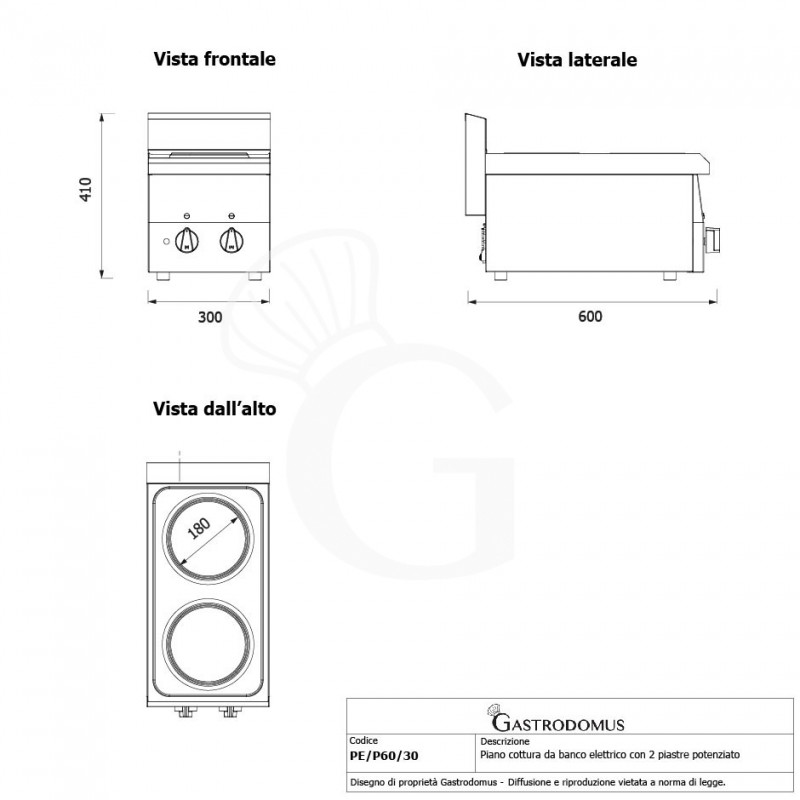 Piano Cottura potenziato elettrico 2 piastre profondità 600 mm