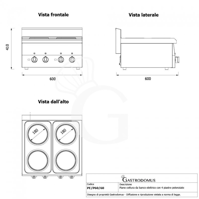 Piano Cottura potenziato elettrico 4 piastre profondità 600 mm