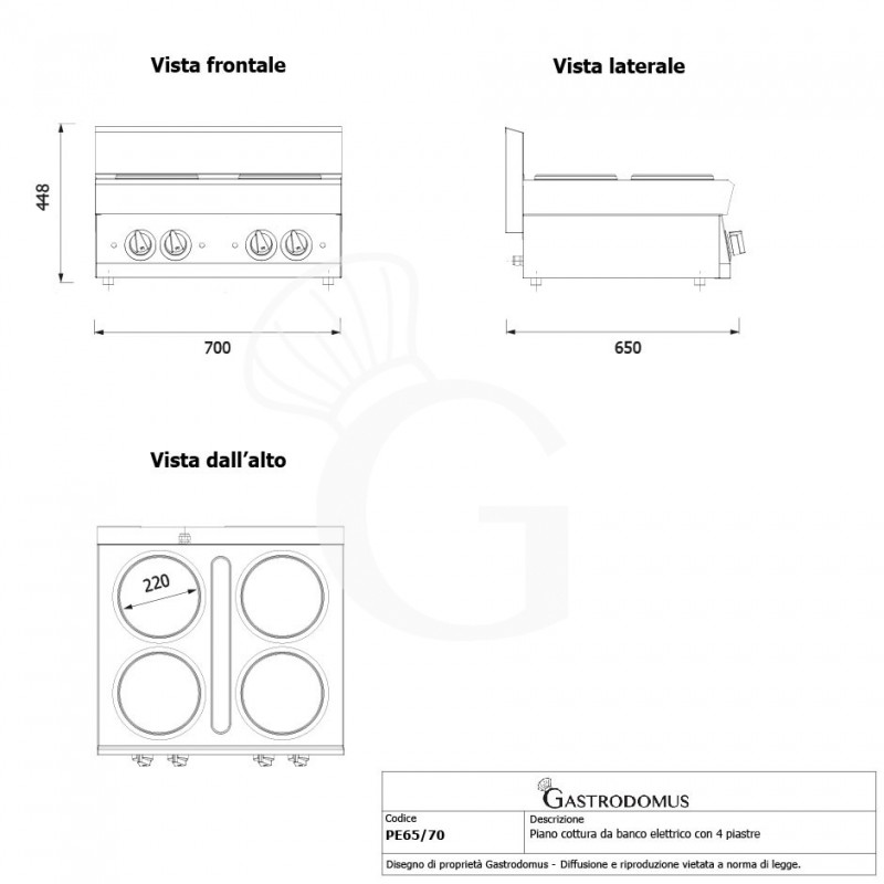 Piano Cottura elettrico 4 piastre profondità 650 mm