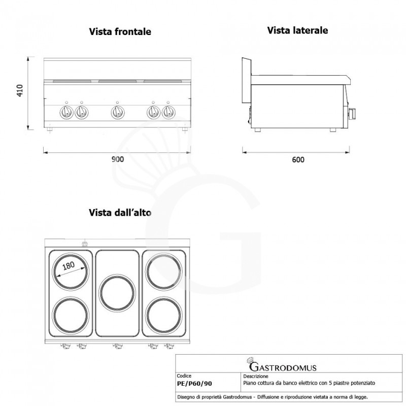 Piano Cottura potenziato elettrico 5 piastre profondità 600 mm