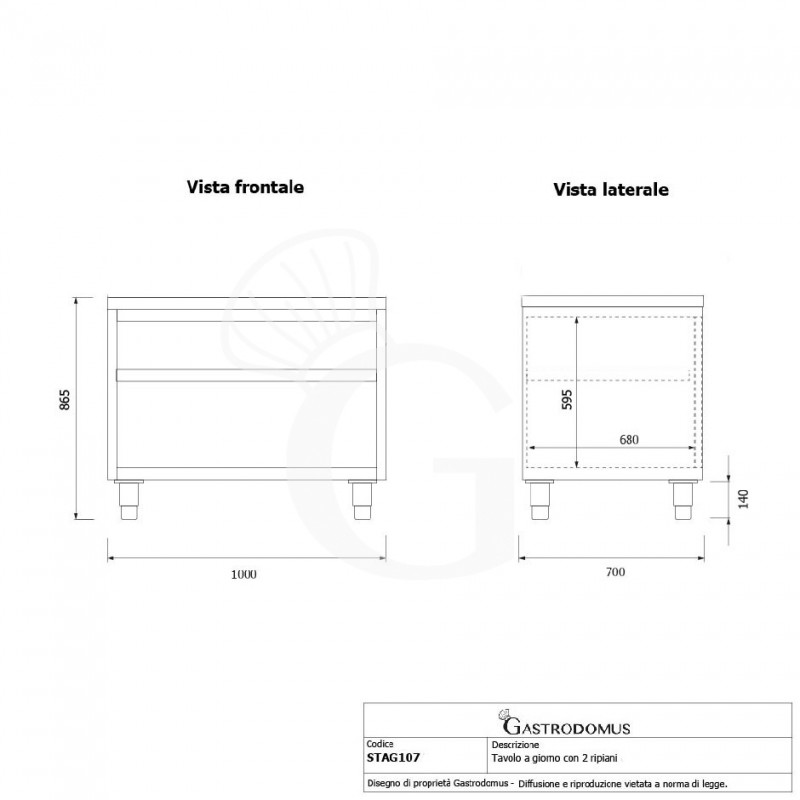 Tavolo a giorno in acciaio inox con 2 ripiani L 1000 mm x P 700 mm x H 865 mm