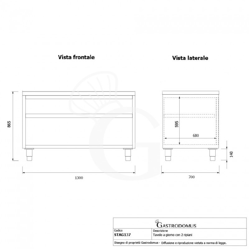 Tavolo a giorno in acciaio inox con 2 ripiani L 1300 mm x P 700 mm x H 865 mm